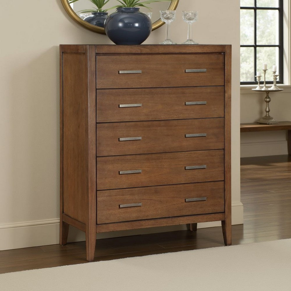 Evi Tall Dresser Chest | 5 Drawers | Brushed Rich Brown | Brass Pulls