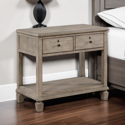Cely Nightstand | 2 Drawers with Lower Open Shelf | Gray Oak Veneer