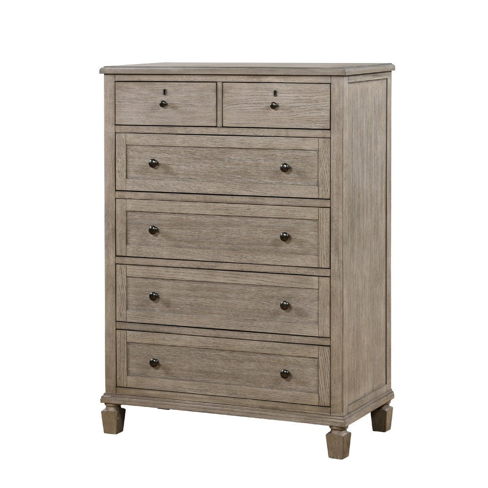 Cely Tall Dresser Chest | Gray Oak Wood | 6 Drawers Nickel Tone Knobs BM335843