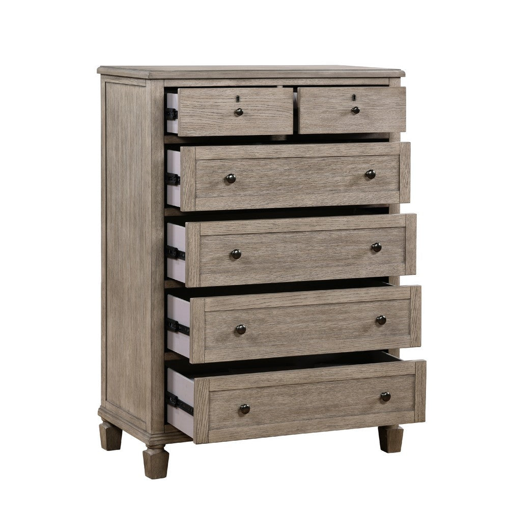 Cely Tall Dresser Chest | Gray Oak Wood | 6 Drawers Nickel Tone Knobs BM335843