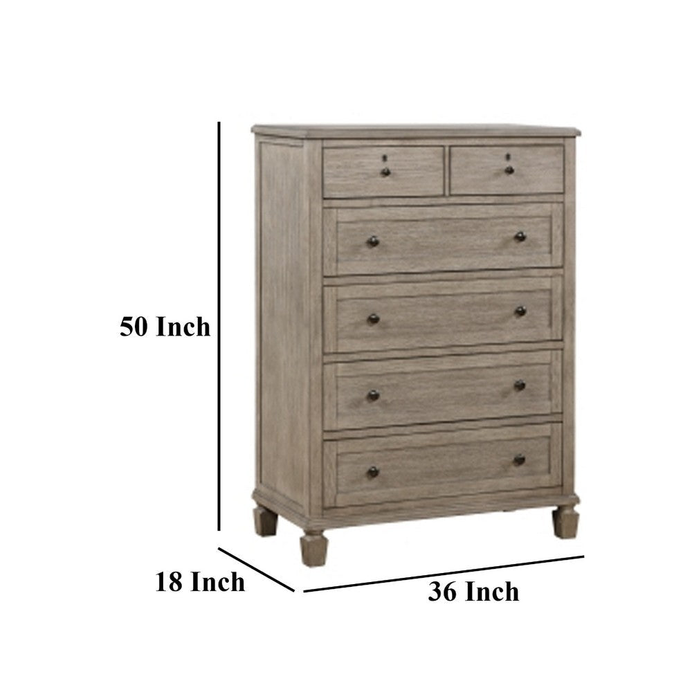 Cely Tall Dresser Chest | Gray Oak Wood | 6 Drawers Nickel Tone Knobs BM335843