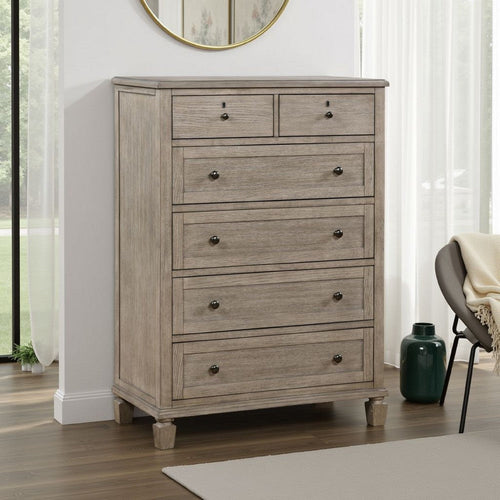 Cely Tall Dresser Chest | Gray Oak Wood | 6 Drawers Nickel Tone Knobs