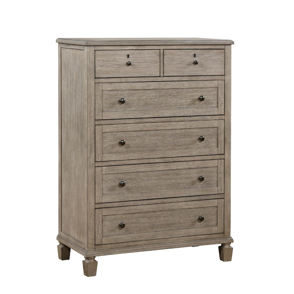 Cely Tall Dresser Chest | Gray Oak Wood | 6 Drawers Nickel Tone Knobs