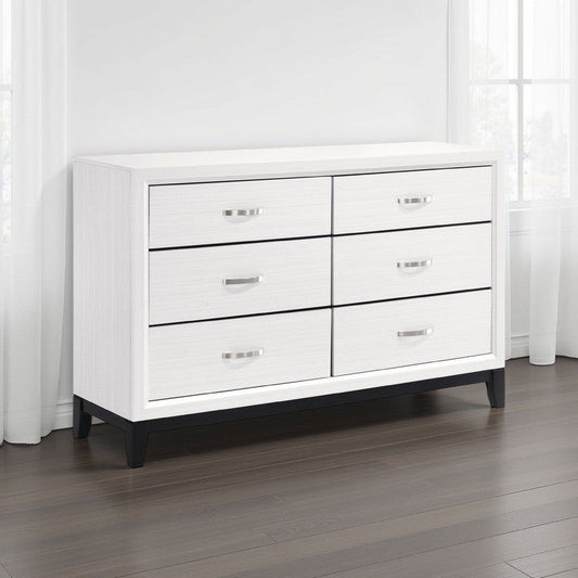 Ameya 58 Inch Wide Dresser | 6 Drawer w Chrome Handles | White n Black