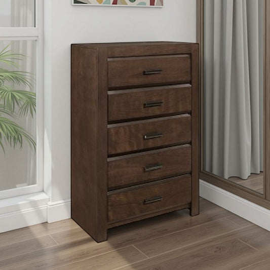 Rawn Tall Dresser Chest | 5 Drawers Metal Handles | Brown Okume Veneer