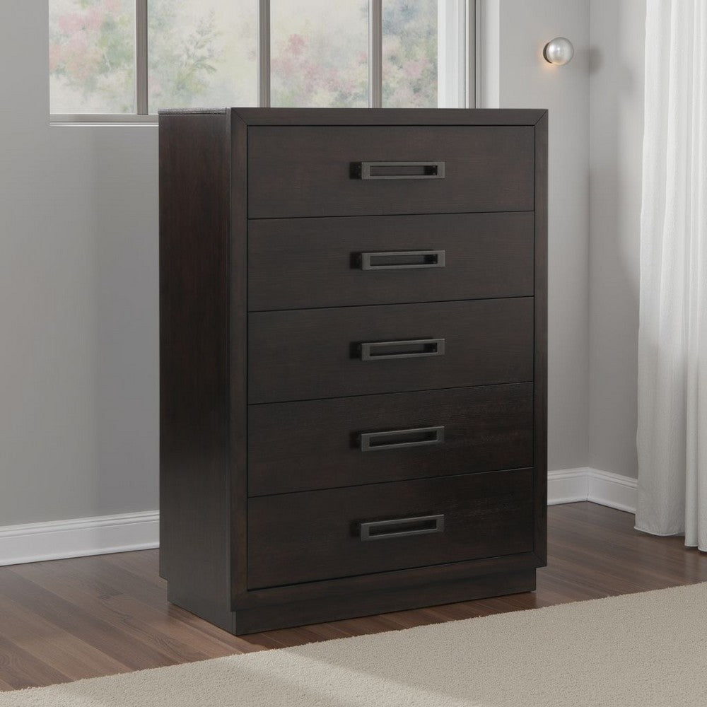 Tey Tall Dresser Chest | 5 Drawers w Metal Handles | Gray Ash Veneer