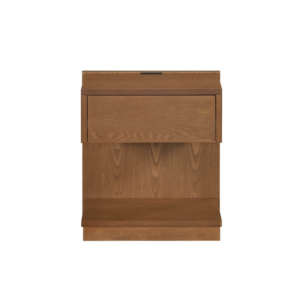 C Shaped End Table | 1 Drawer USB Port | 18’’ | Wire Brush Brown Wood BM335861
