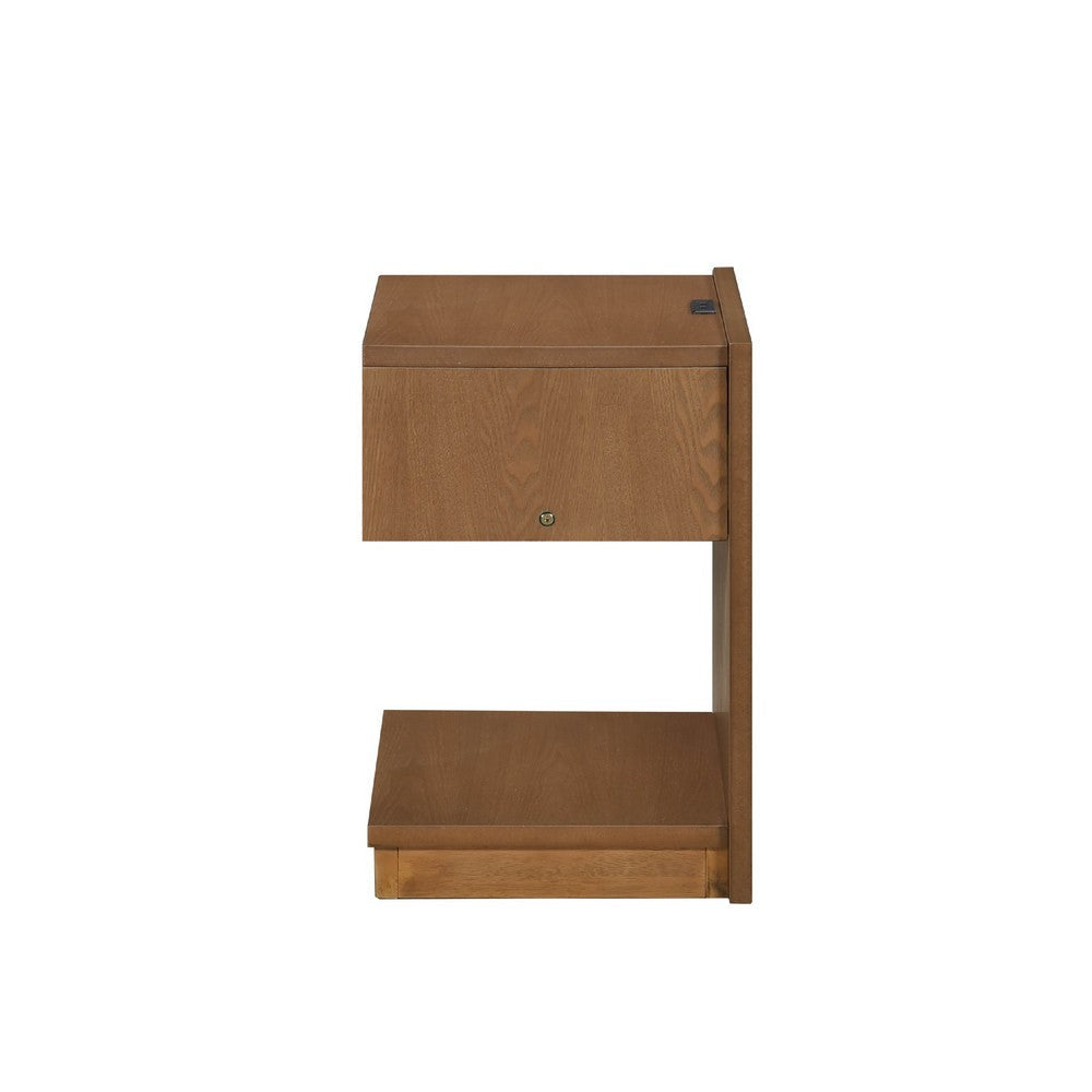 C Shaped End Table | 1 Drawer USB Port | 18’’ | Wire Brush Brown Wood BM335861