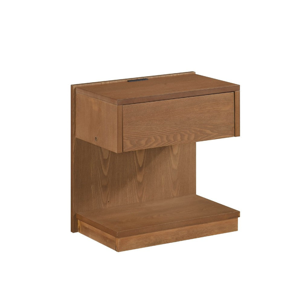 C Shaped End Table | 1 Drawer USB Port | 18" | Wire Brush Brown Wood