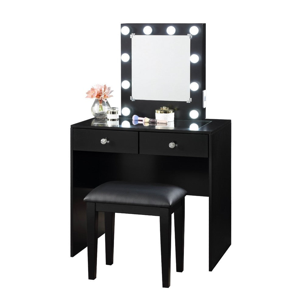 Hudi Makeup Vanity and Stool Set | 10 Light | USB Power Outlet | Black