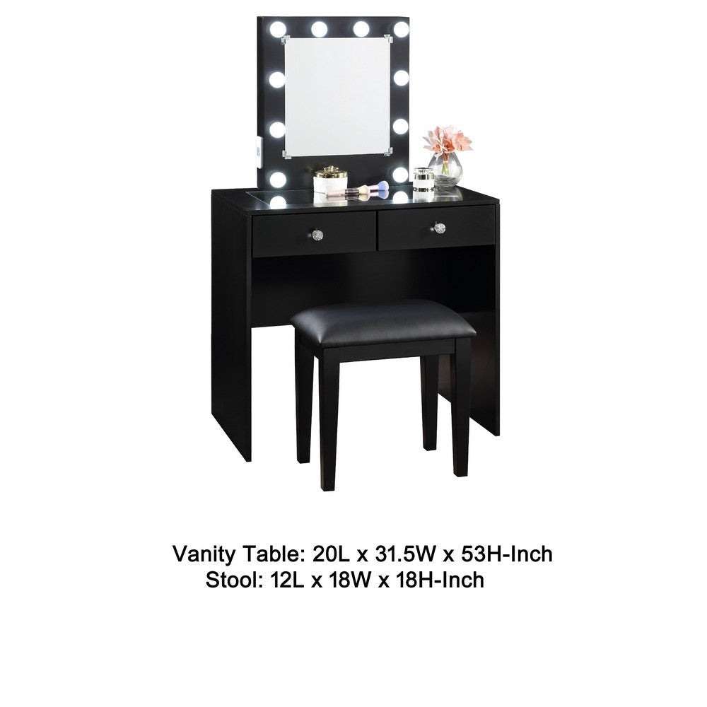 Hudi Makeup Vanity and Stool Set | 10 Light | USB Power Outlet | Black