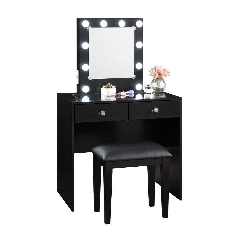 Hudi Makeup Vanity and Stool Set | 10 Light | USB Power Outlet | Black