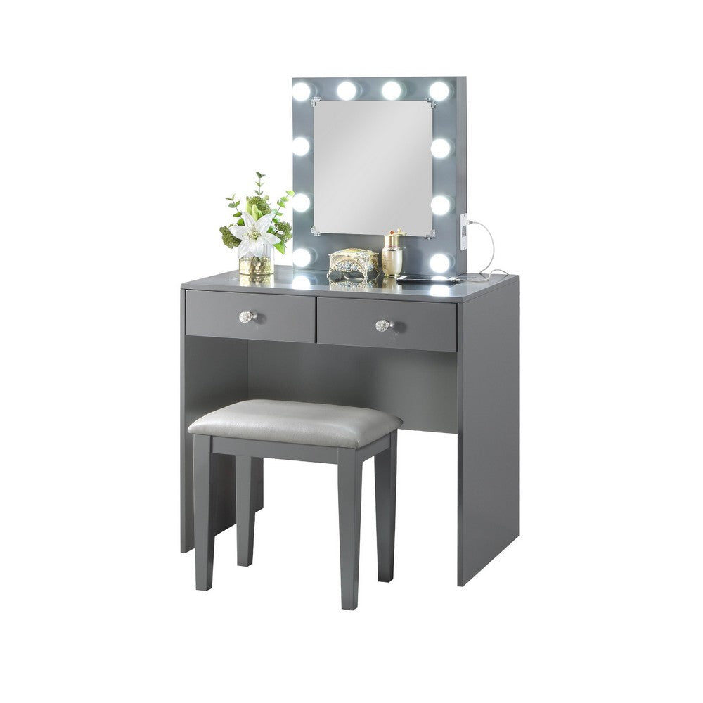 Hudi Makeup Vanity and Stool Set | 10 Lights | USB Power Outlet | Gray