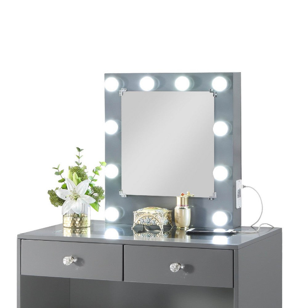 Hudi Makeup Vanity and Stool Set | 10 Lights | USB Power Outlet | Gray