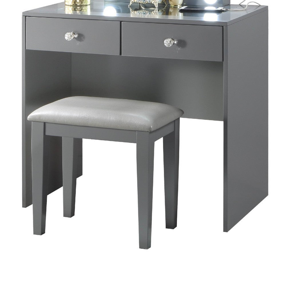 Hudi Makeup Vanity and Stool Set | 10 Lights | USB Power Outlet | Gray