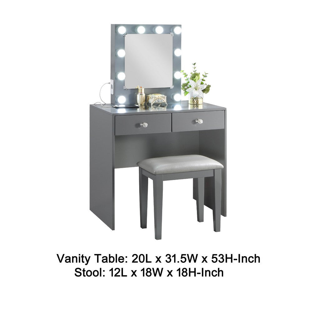 Hudi Makeup Vanity and Stool Set | 10 Lights | USB Power Outlet | Gray