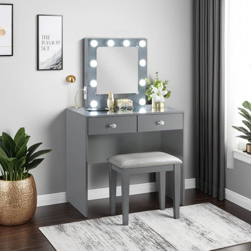 Hudi Makeup Vanity and Stool Set | 10 Lights | USB Power Outlet | Gray
