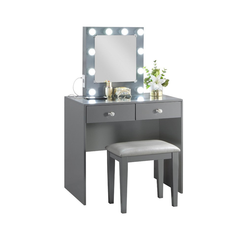 Hudi Makeup Vanity and Stool Set | 10 Lights | USB Power Outlet | Gray