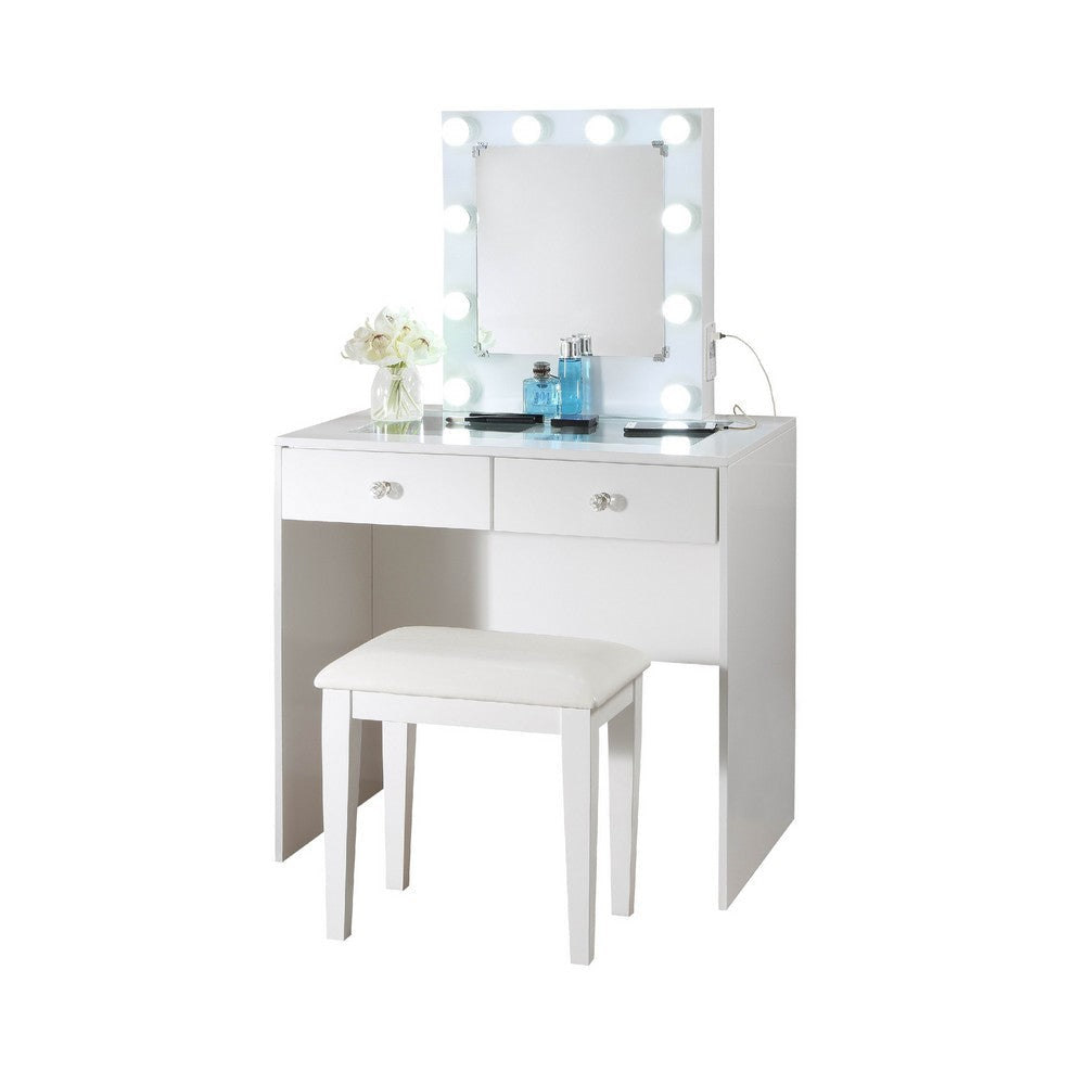 Hudi Makeup Vanity and Stool Set | 10 Light | USB Power Outlet | White