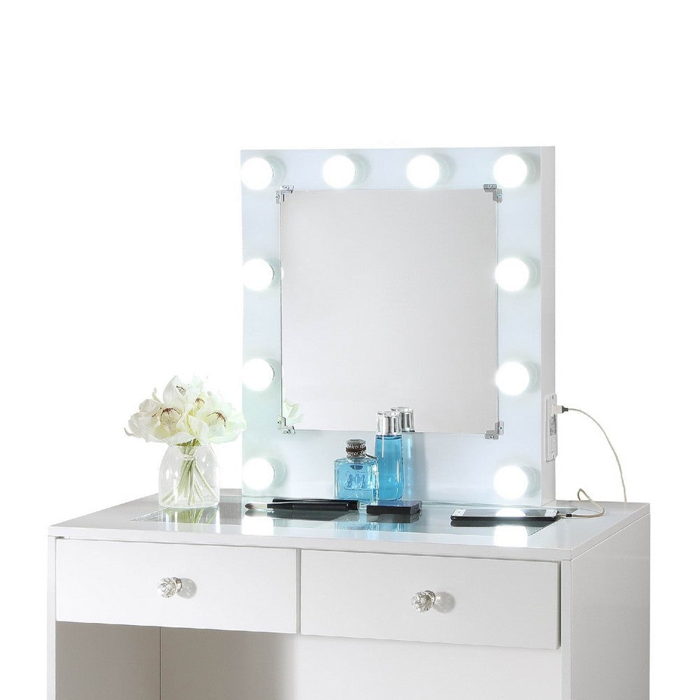 Hudi Makeup Vanity and Stool Set | 10 Light | USB Power Outlet | White