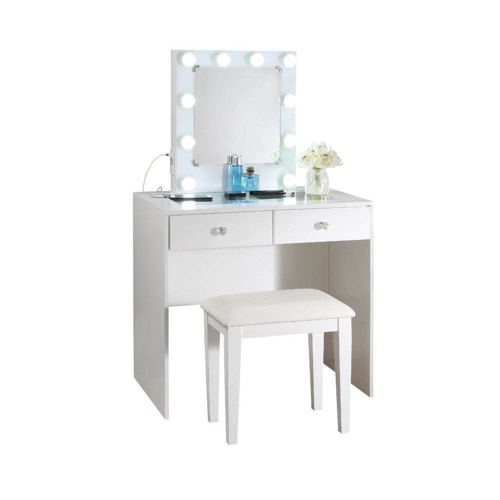 Hudi Makeup Vanity and Stool Set | 10 Light | USB Power Outlet | White