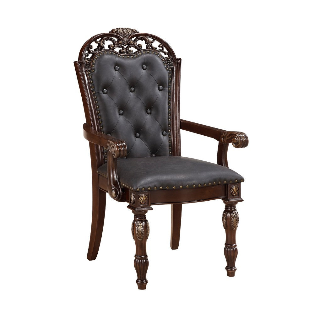 Nami Dining Armchair Set of 2, Traditional Carved Classy Cherry, Gray 