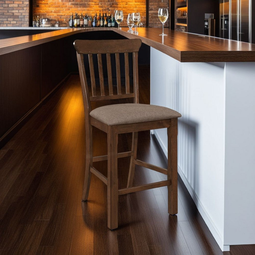 Lsy Counter Stool Chair Set of 2 | Brown Wood | Fabric Upholstered