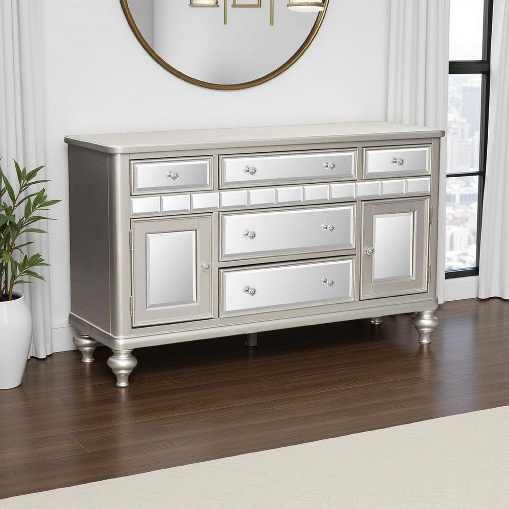 Jomo Sideboard Buffet Console, Mirror Front, 5 Drawers Silver, 57"