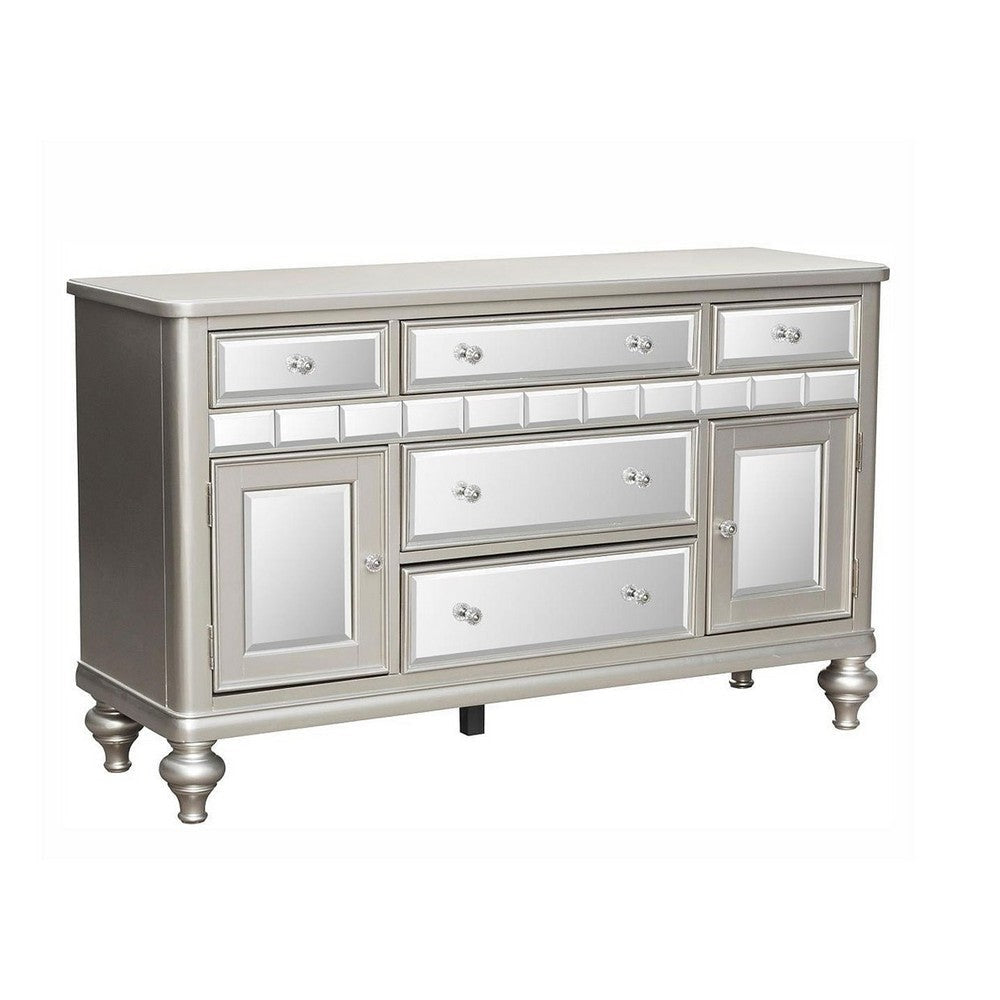 Jomo Sideboard Buffet Console, Mirror Front, 5 Drawers Silver, 57"
