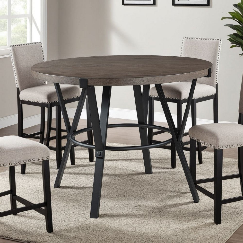 Rowl Counter Height Table | 48" Brown Round Wood Top | Metal Legs