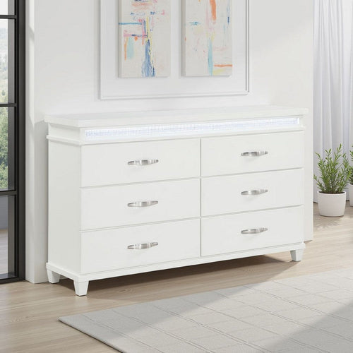 Jisy 64" Wide Dresser 6 Drawers | LED Lights | White Wood | Chrome