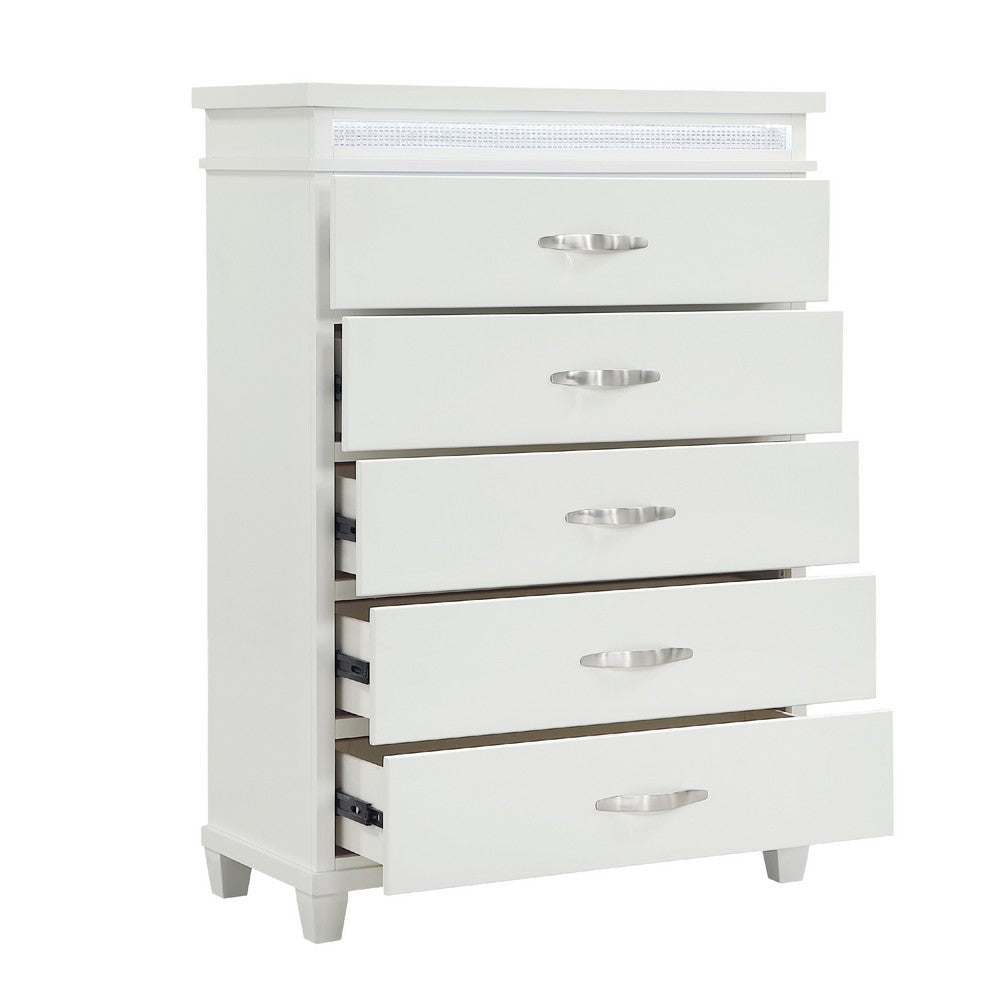 Jisy Tall Dresser Chest | 5 Drawer Chrome Bar Handles | LED Lit White BM335900