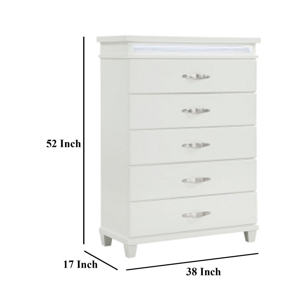 Jisy Tall Dresser Chest | 5 Drawer Chrome Bar Handles | LED Lit White BM335900