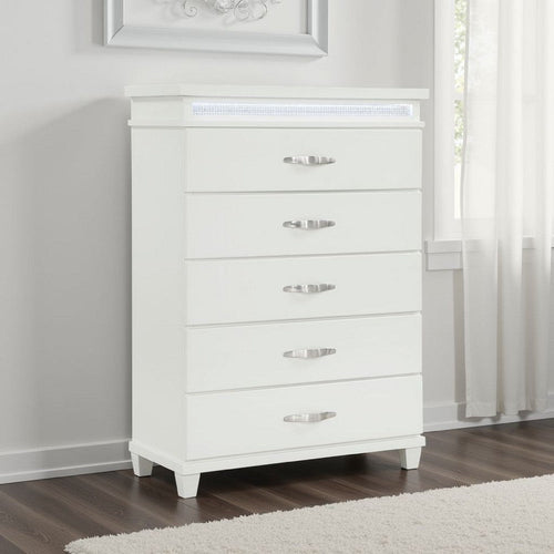 Jisy Tall Dresser Chest | 5 Drawer Chrome Bar Handles | LED Lit White
