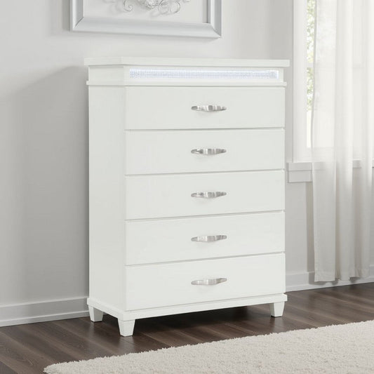 Jisy Tall Dresser Chest | 5 Drawer Chrome Bar Handles | LED Lit White