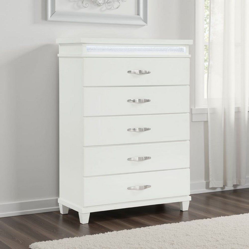 Jisy Tall Dresser Chest | 5 Drawer Chrome Bar Handles | LED Lit White