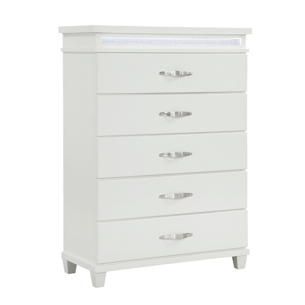 Jisy Tall Dresser Chest | 5 Drawer Chrome Bar Handles | LED Lit White