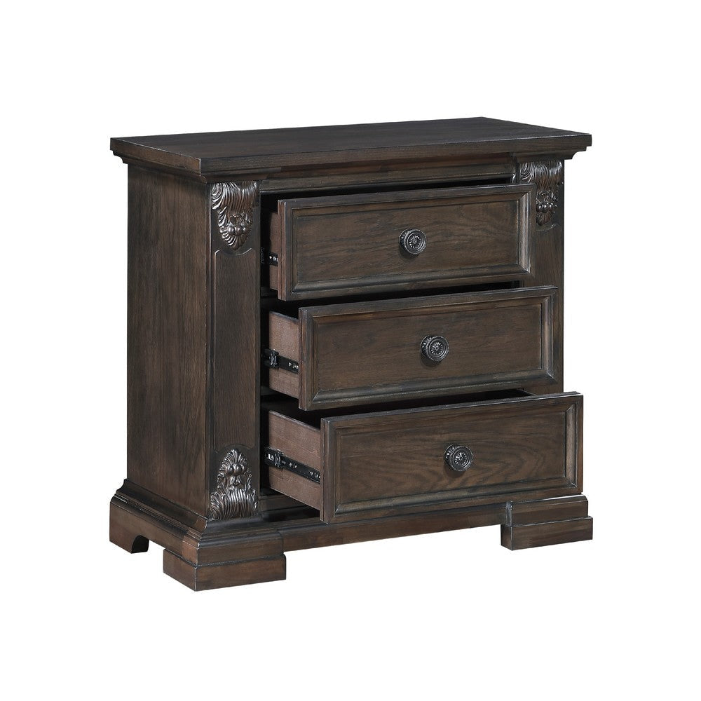 Walz Nightstand | 3 Drawers | Espresso Brown Oak Veneer | Black Knobs BM335901