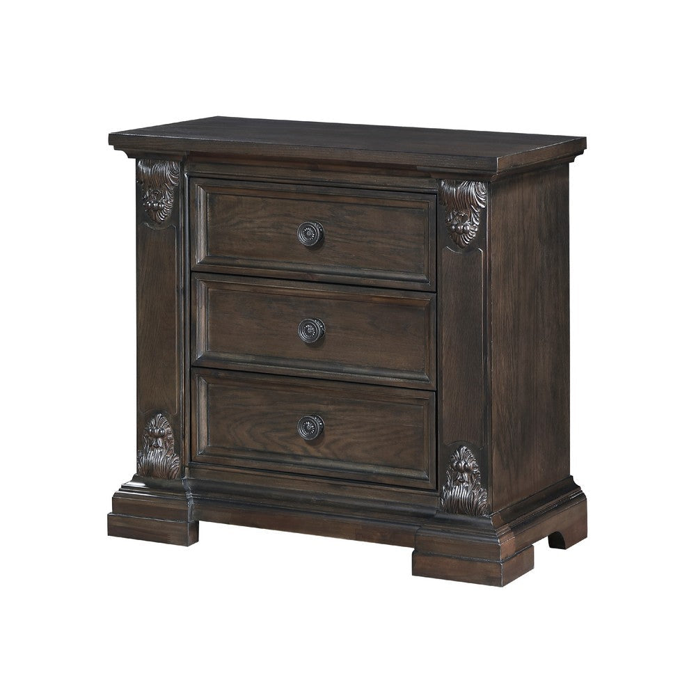 Walz Nightstand | 3 Drawers | Espresso Brown Oak Veneer | Black Knobs BM335901