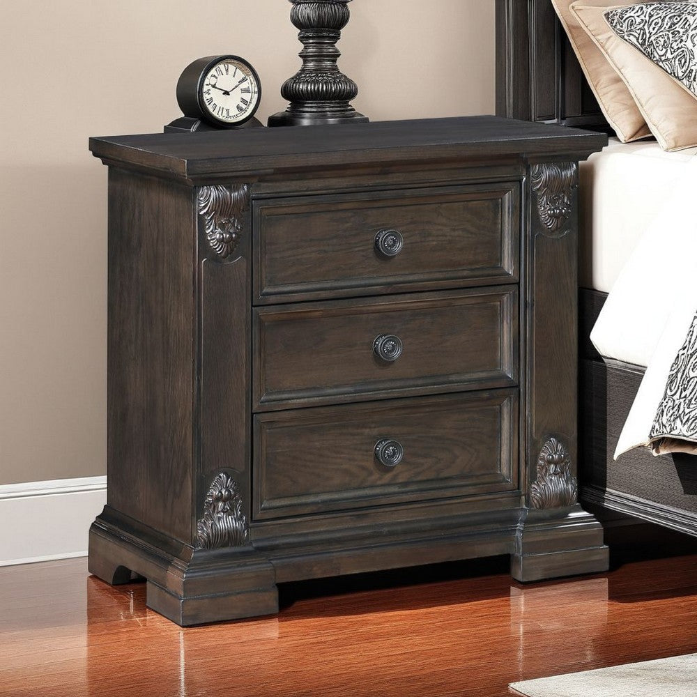 Walz Nightstand | 3 Drawers | Espresso Brown Oak Veneer | Black Knobs