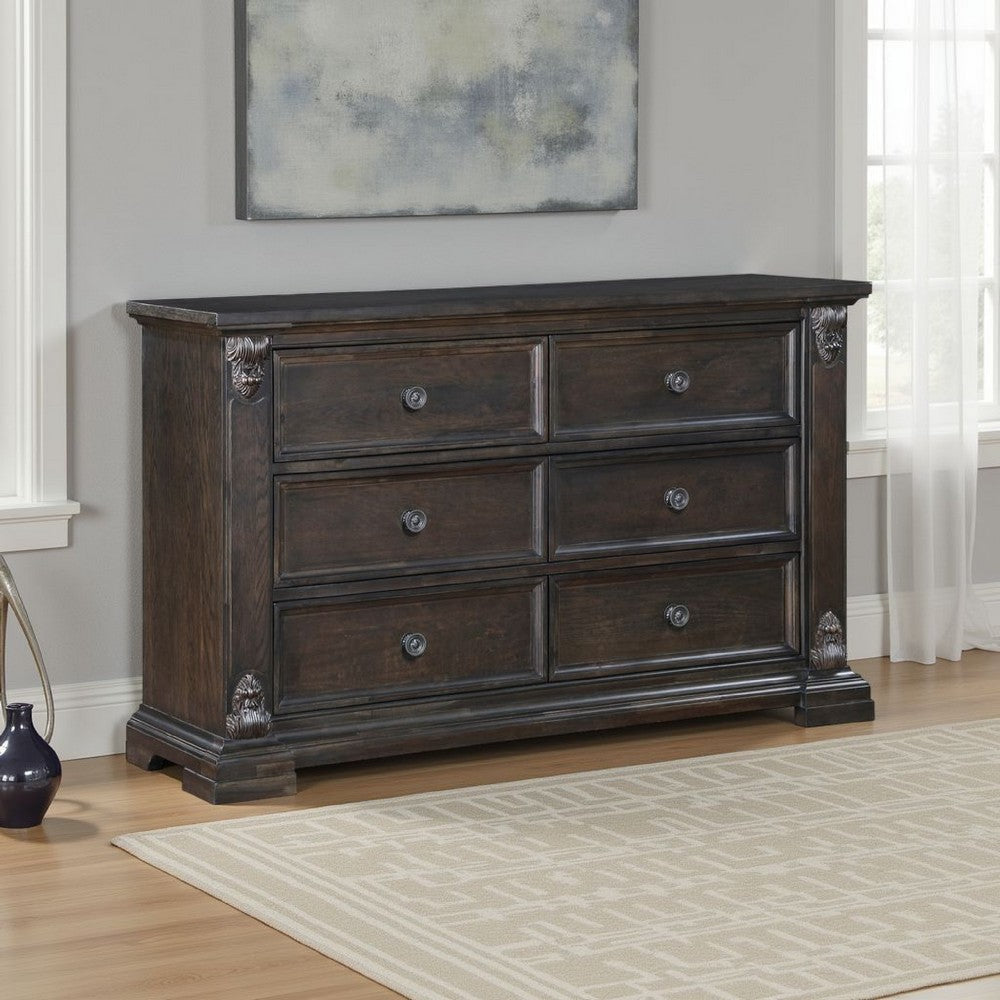 Walz 66" Wide Dresser | 6 Drawers | Espresso Brown Veneer, Black Knobs