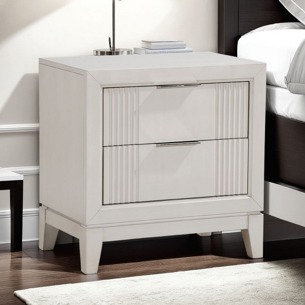 Flo Nightstand | 2 Drawers | Antique White Wood | Chrome Edge Handles