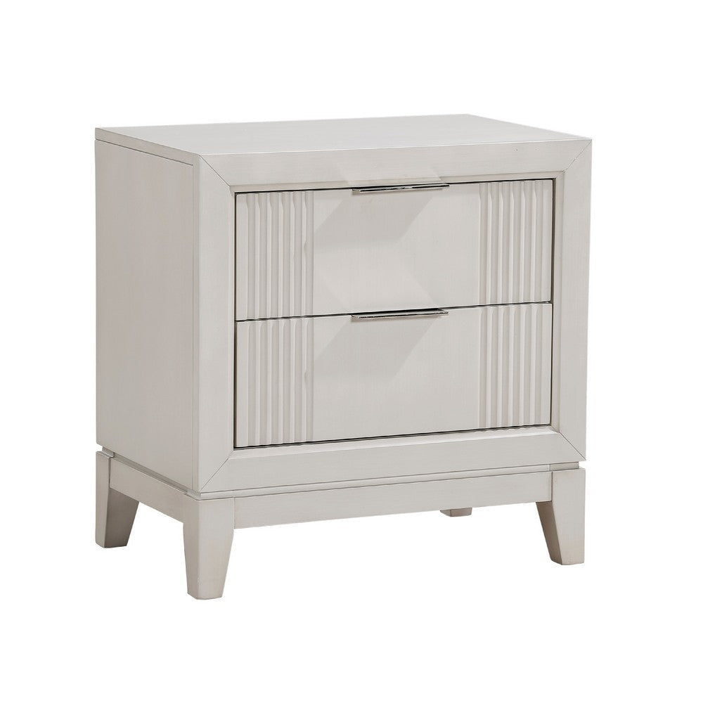 Flo Nightstand | 2 Drawers | Antique White Wood | Chrome Edge Handles