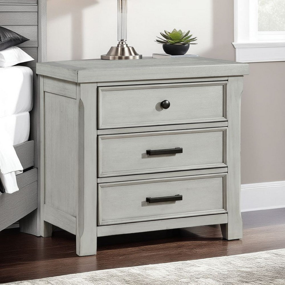 Brok Nightstand | 3 Drawers | Light Gray Acacia | Black Bar Handles