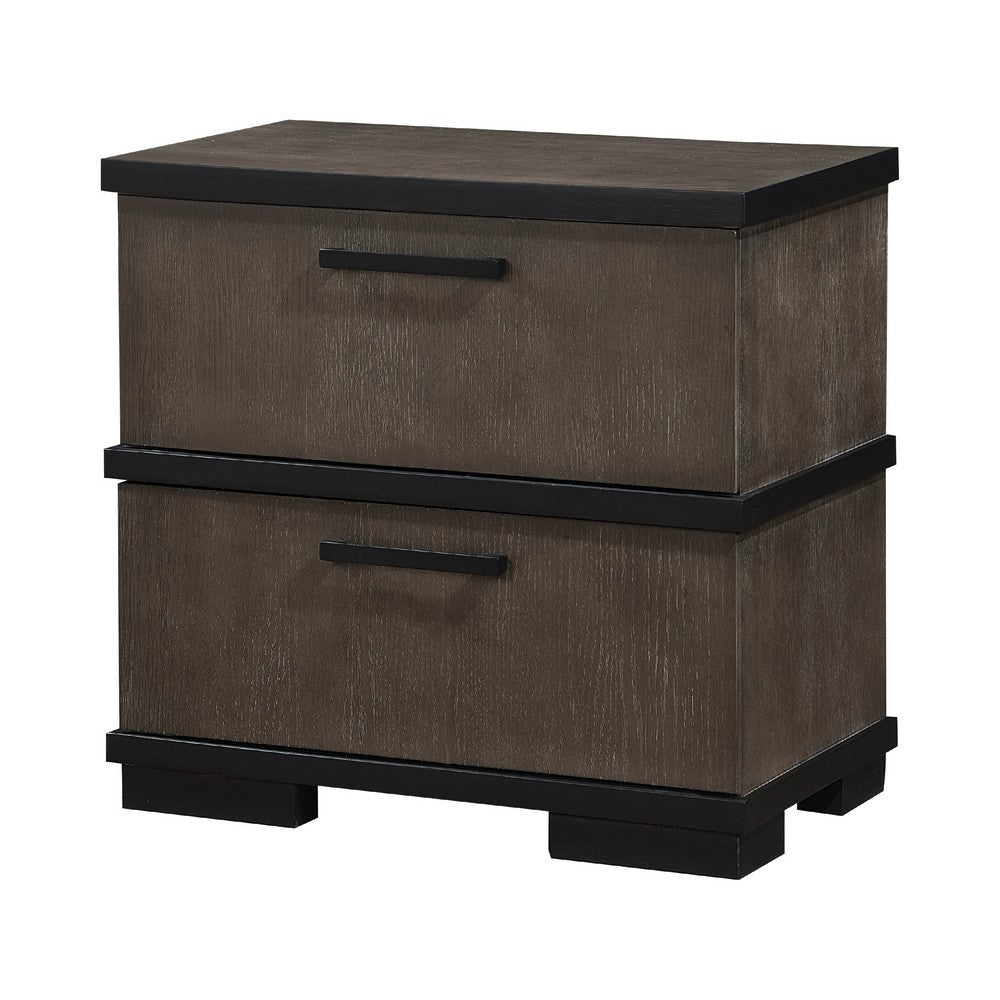 Acy Nightstand | 2 Drawers Bar Handles | Brownish Gray and Black Wood BM335913