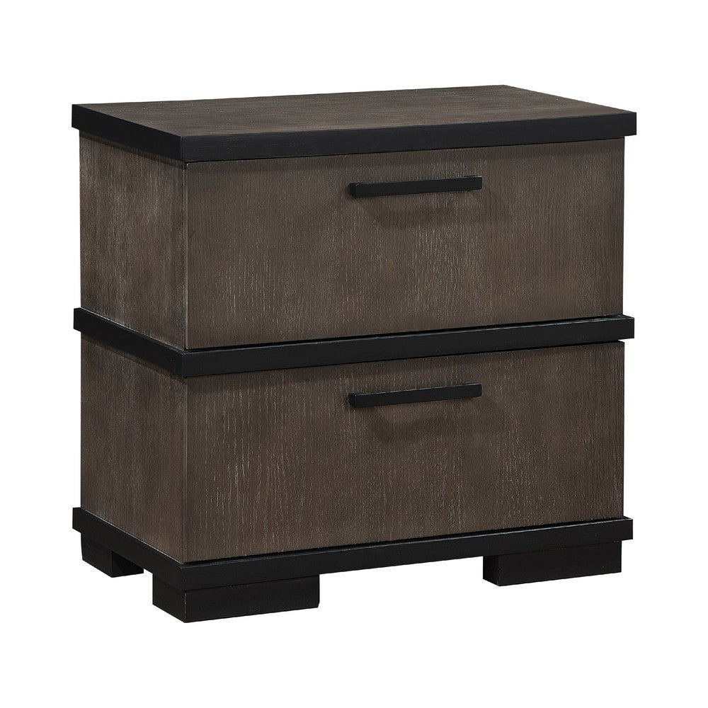 Acy Nightstand | 2 Drawers Bar Handles | Brownish Gray and Black Wood