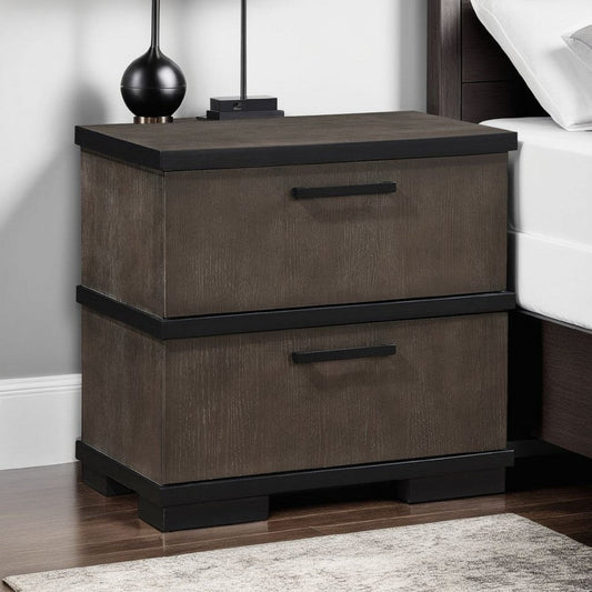 Acy Nightstand | 2 Drawers Bar Handles | Brownish Gray and Black Wood