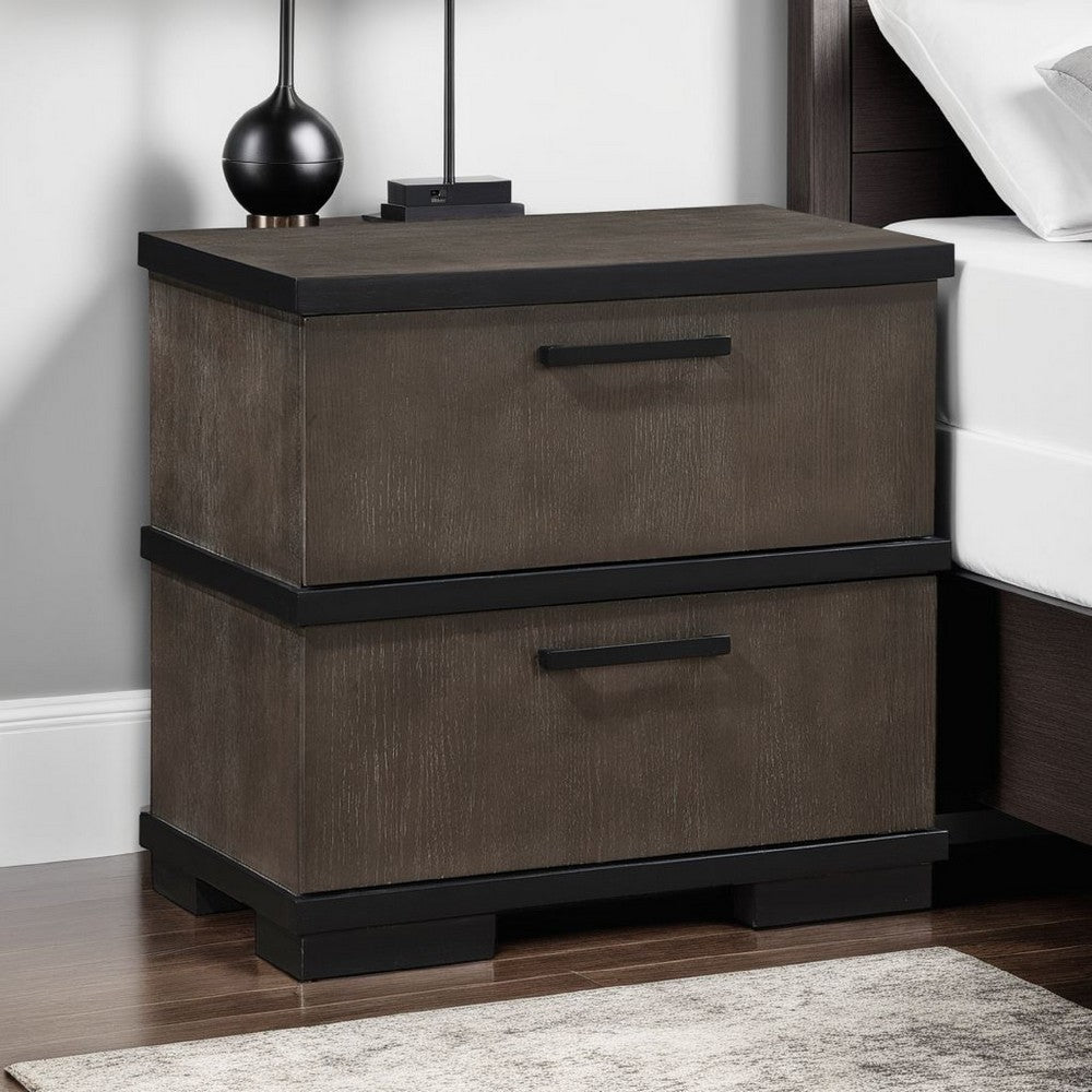 Acy Nightstand | 2 Drawers Bar Handles | Brownish Gray and Black Wood