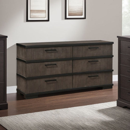 Acy 67 " Dresser | 6 Drawers Bar Handles | Brownish Gray | Black Wood