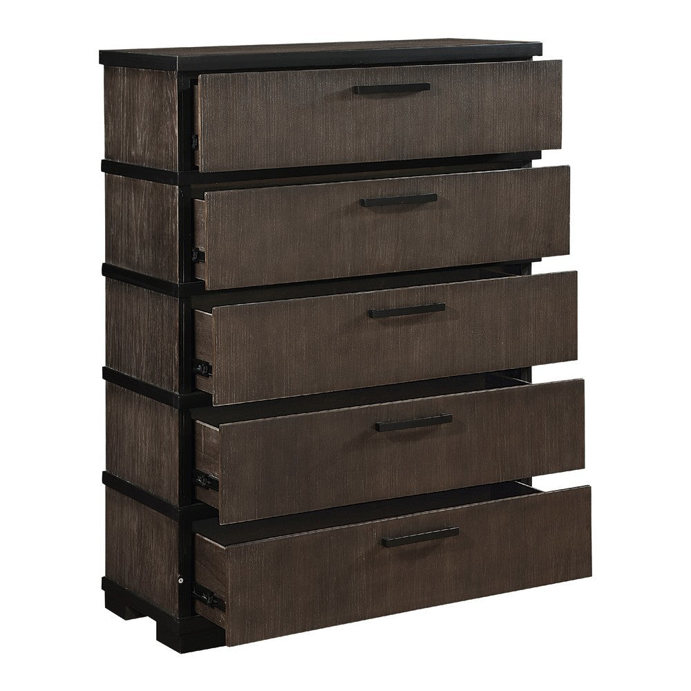 Acy Tall Dresser Chest | 5 Drawer Bar Handles | Brownish Gray Black BM335915